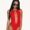Bass Destruction Cutout Bodysuit-Red -iHeartRaves Shop Bass Destruction Cutout Bodysuit Red Front