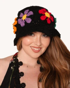 Child Of The Forest Floral Crochet Hat -iHeartRaves Shop Child of the Forest Floral Crochet Hat Black C1 Front