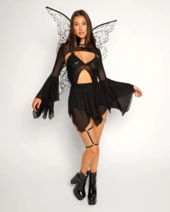 Dark Arts Mesh Bell Sleeve Ultra Crop Top -iHeartRaves Shop Dark Arts Mesh Bell Sleeve Ultra Crop Top Black Full