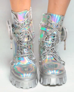 Dreamy Dazzle Holo Combat Boots With Charms & Heart Pocket -iHeartRaves Shop Dreamy Dazzle Holo Combat Boots With Charms Heart Pocket Front