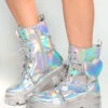 Dreamy Dazzle Holo Combat Boots With Charms & Heart Pocket -iHeartRaves Shop Dreamy Dazzle Holo Combat Boots With Charms Heart Pocket Side