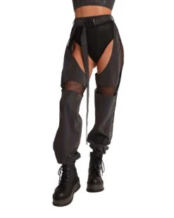 False Alarm Fishnet Rainbow Reflective Chaps -iHeartRaves Shop False Alarm Fishnet Rainbow Reflective Chaps BlkGry Front