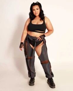 False Alarm Fishnet Rainbow Reflective Chaps -iHeartRaves Shop False Alarm Fishnet Rainbow Reflective Chaps C1 BlkGry Full