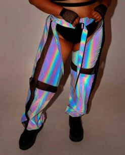 False Alarm Fishnet Rainbow Reflective Chaps -iHeartRaves Shop False Alarm Fishnet Rainbow Reflective Chaps C1 BlkGry Reflective1