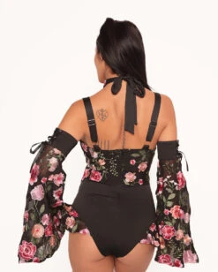 Forest Nymph Stretch Halter Lace Bodysuit Set 2.0 - Black -iHeartRaves Shop Forest Nymph Halter Lace Bodysuit Set 2.0 Black Back