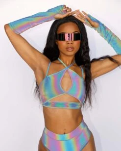 Hologlow Rainbow Reflective Arm Warmers -iHeartRaves Shop Party Lights Rainbow Reflective Cutout Top Rainbow Lifestyle