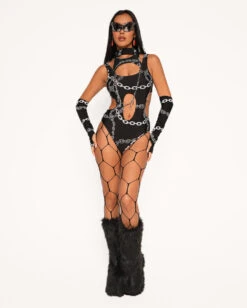 Power Surge Silver Reflective Chain Bodysuit & Sleeve Set -iHeartRaves Shop Power Surge Silver Reflective Chain Bodysuit Sleeve Set Full