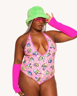Rolita Couture X IHR Am I Tripping Halter Bodysuit -iHeartRaves Shop Rolita Couture x iHR Am I Tripping Halter Body C1 Front