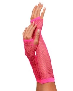 Warped Revelations Fingerless Fishnet Arm Warmers -iHeartRaves Shop Warped Revelations Fingerless Fishnet Gloves NeonPink Side